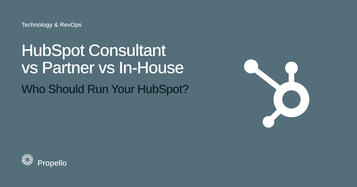 HubSpot Consultant vs Partner vs In-House: Who Should Run Your HubSpot? White type on a slate ground beside the HubSpot logo, Propello.