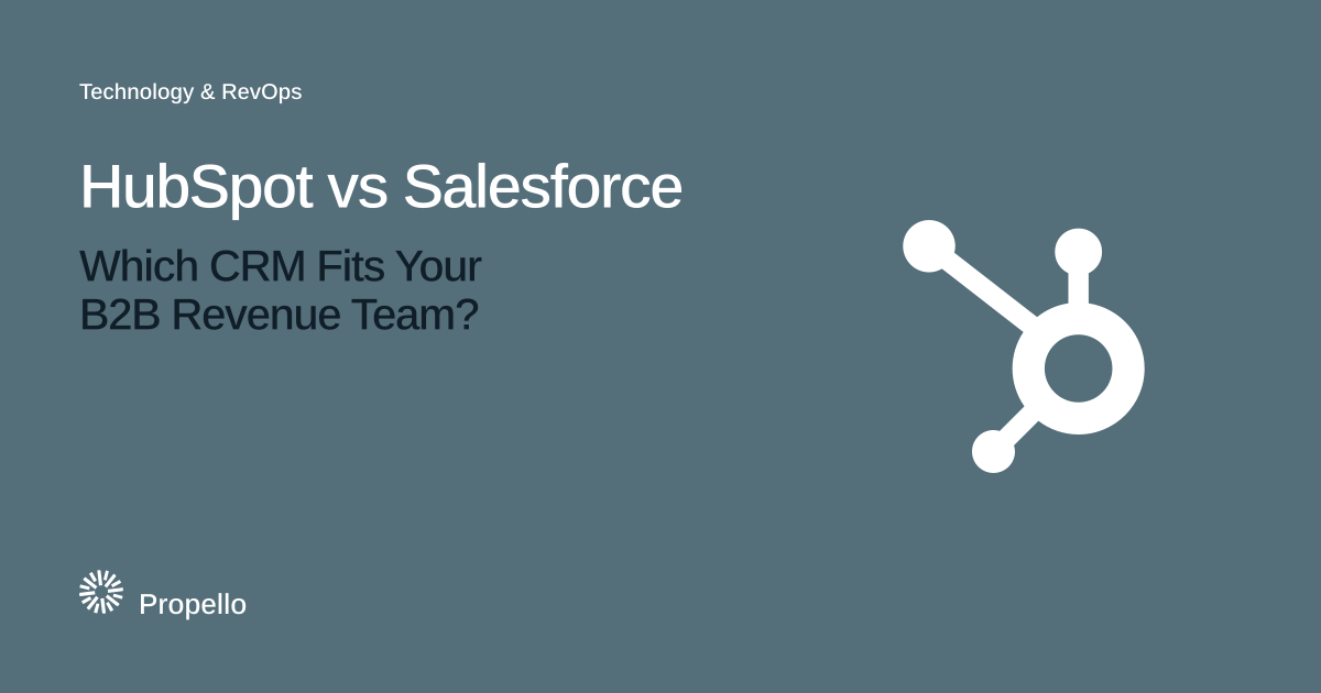 HubSpot vs Salesforce: Which CRM Fits Your B2B Revenue Team? White type on a slate ground beside the HubSpot logo, Propello.