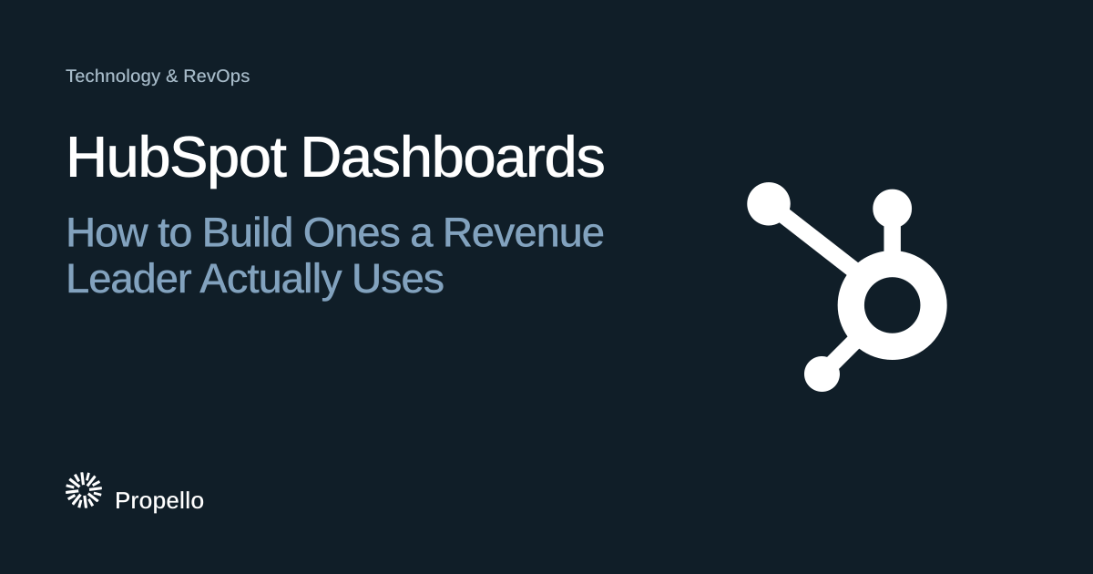 HubSpot Dashboards: How to Build Ones a Revenue Leader Actually Uses. White type on a deep blue-grey ground beside the HubSpot logo, Propello.