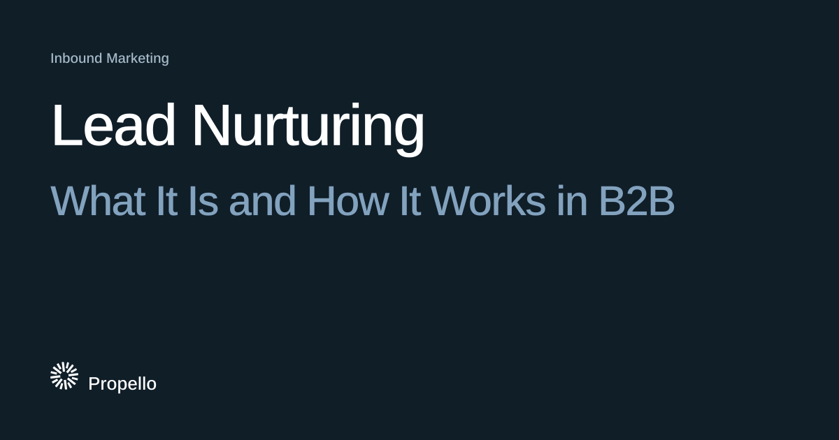 Lead Nurturing: What It Is and How It Works in B2B. White and steel-blue type on a deep blue-grey ground, Propello.