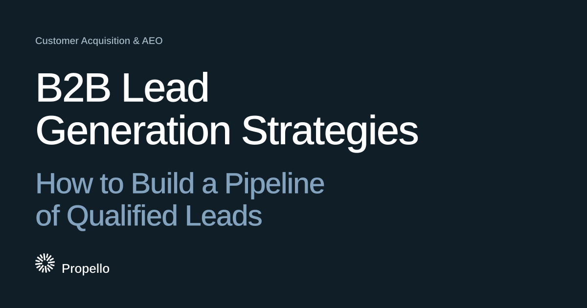 B2B Lead Generation Strategies: How to Build a Pipeline of Qualified Leads. White and steel-blue type on a deep blue-grey ground, Propello.