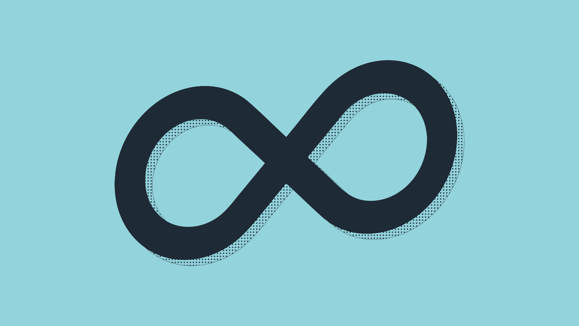 Illustration of a bold dark blue infinity loop on a light blue background.