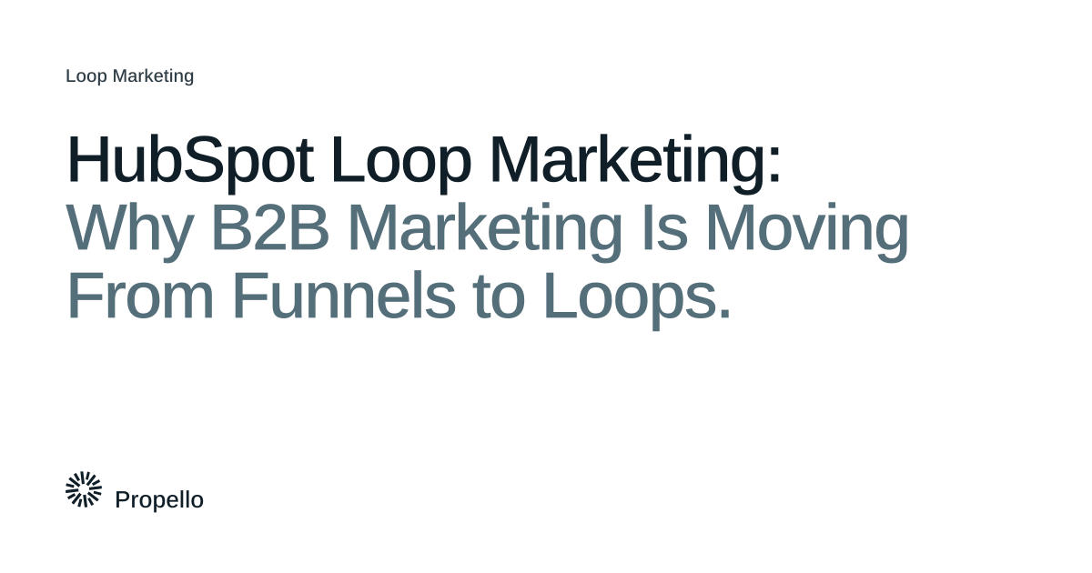 HubSpot Loop Marketing: Why B2B Marketing Is Moving From Funnels to Loops. Dark and slate type on a white ground with a large Propello mark behind it, Propello.