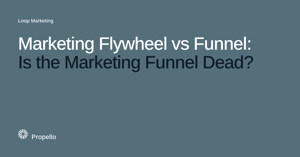 Marketing Flywheel vs Funnel: Is the Marketing Funnel Dead? White and dark type on a slate ground with a large Propello mark behind it, Propello.