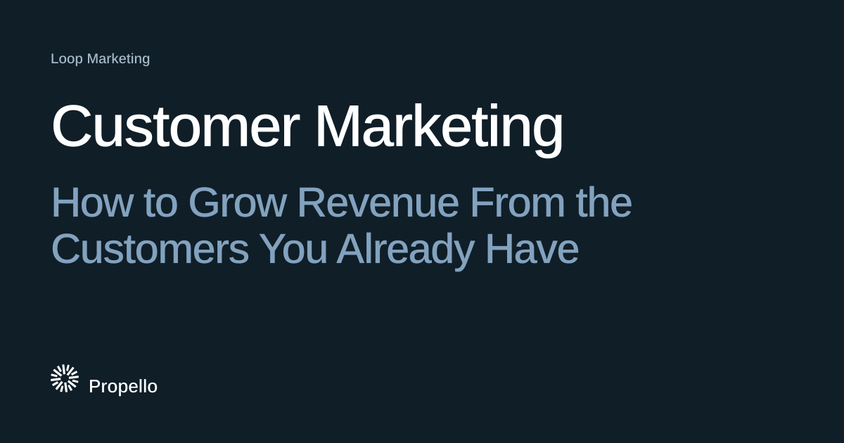 Customer Marketing: How to Grow Revenue From the Customers You Already Have. White and steel-blue type on a deep blue-grey ground, Propello.