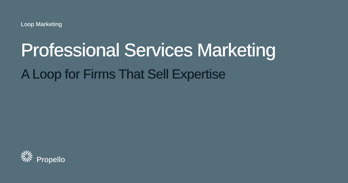 Professional Services Marketing: A Loop for Firms That Sell Expertise. White and dark type on a slate ground, Propello.