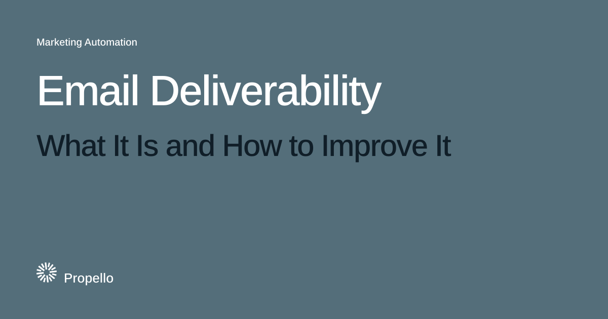Email Deliverability: What It Is and How to Improve It. White and dark type on a slate ground, Propello.