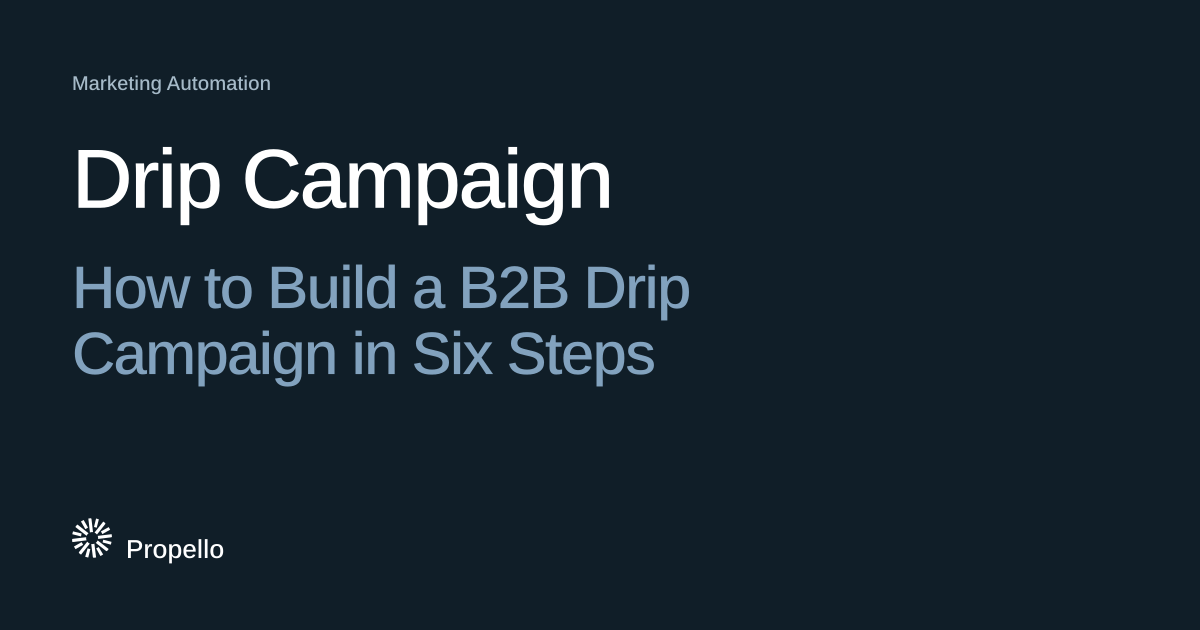 Drip Campaign: How to Build a B2B Drip Campaign in Six Steps. White and steel-blue type on a deep blue-grey ground, Propello.