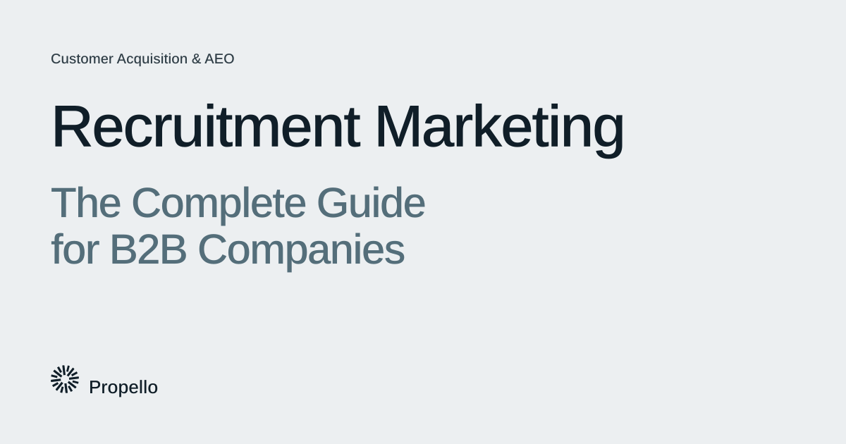 Recruitment Marketing: The Complete Guide for B2B Companies. Dark and slate type on a light grey ground, Propello.