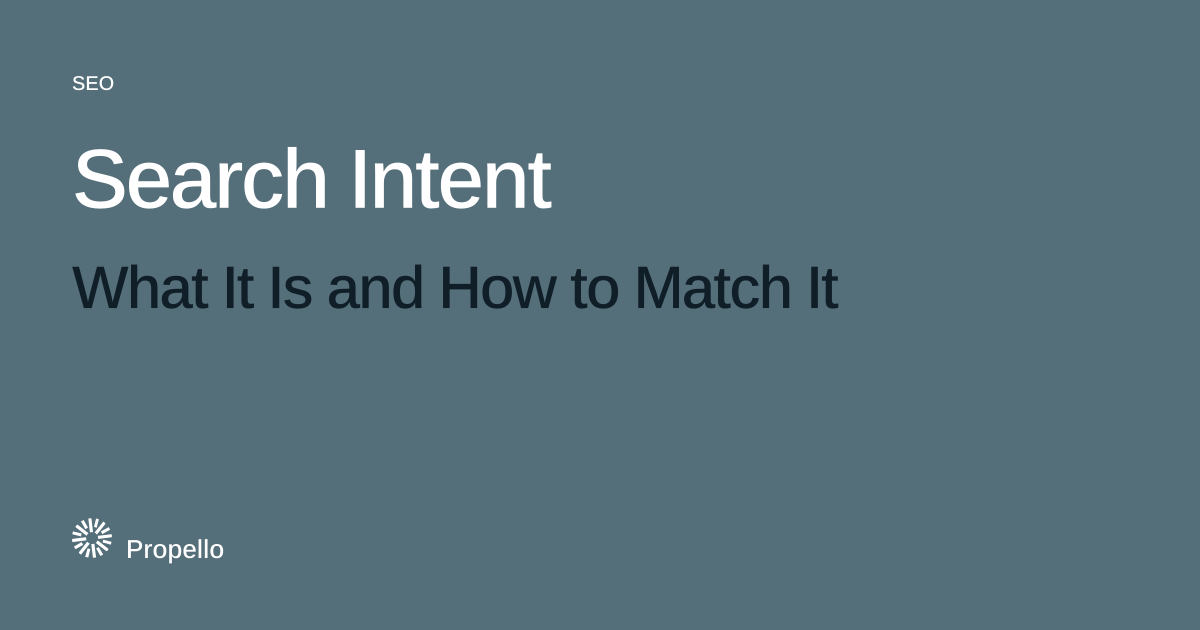 Search Intent: What It Is and How to Match It. White and dark type on a slate ground, Propello.