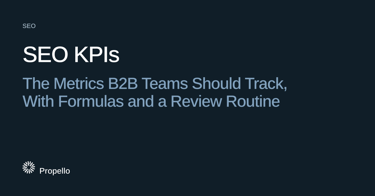SEO KPIs: The Metrics B2B Teams Should Track, With Formulas and a Review Routine. White and steel-blue type on a deep blue-grey ground, Propello.