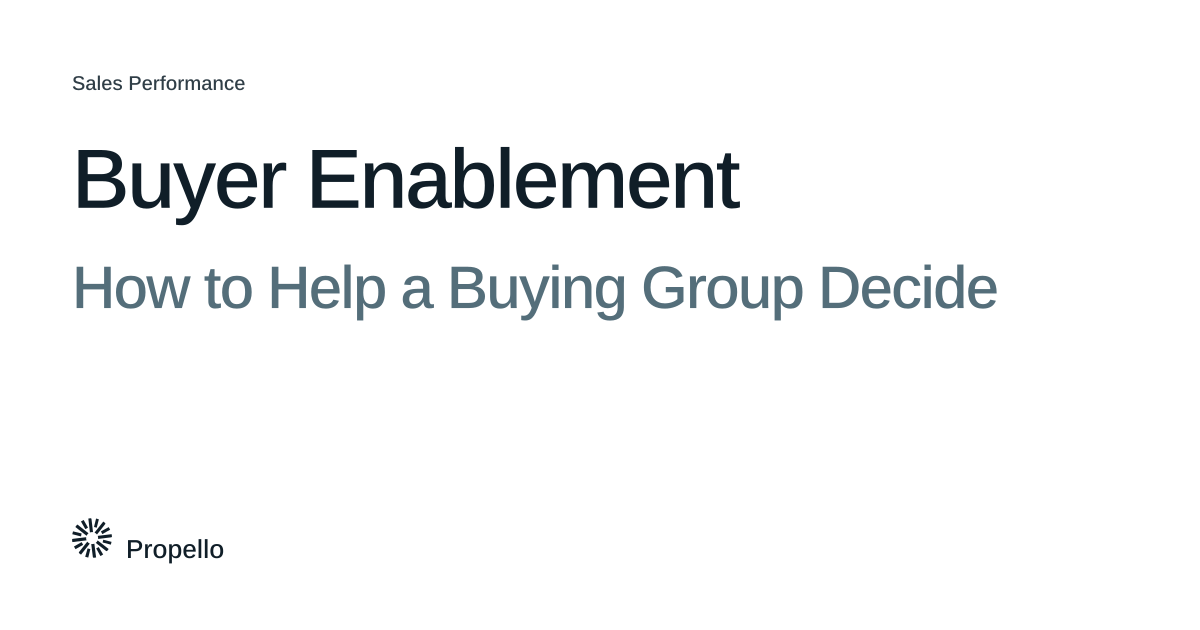 Buyer Enablement: How to Help a Buying Group Decide. Dark and slate type on a white ground, Propello.