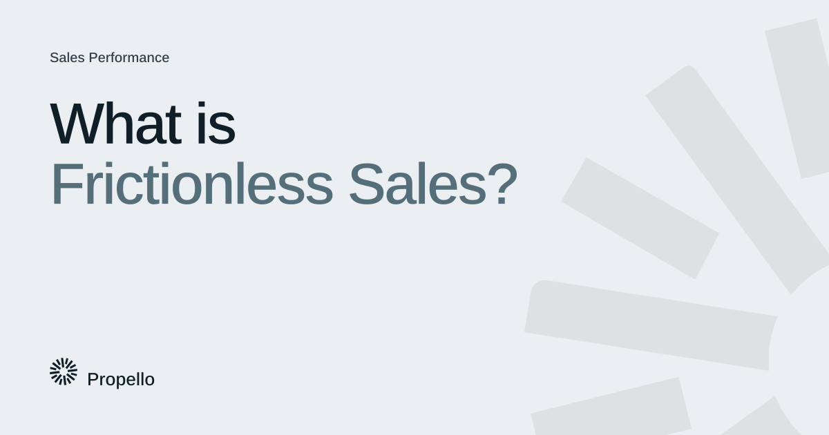 What is Frictionless Sales? Dark and slate type on a light grey ground with a large Propello mark behind it, Propello.