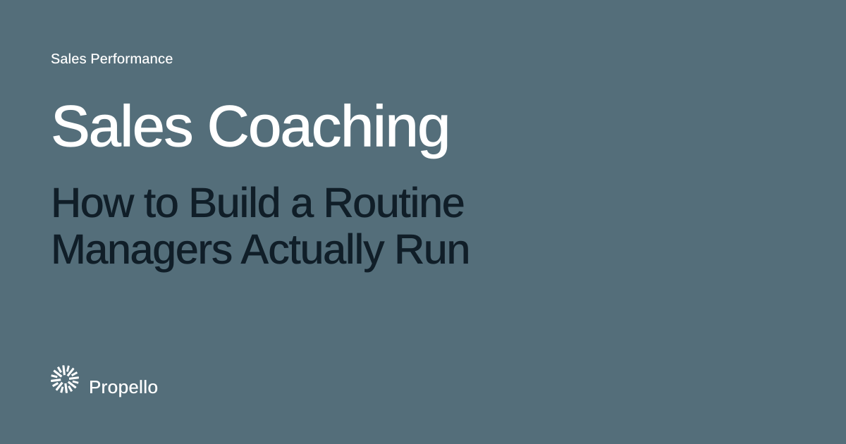 Sales Coaching: How to Build a Routine Managers Actually Run. White and dark type on a slate ground, Propello.