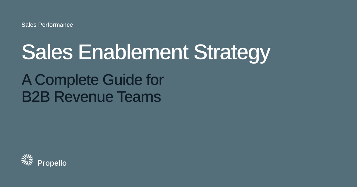 Sales Enablement Strategy: A Complete Guide for B2B Revenue Teams. White and dark type on a slate ground, Propello.