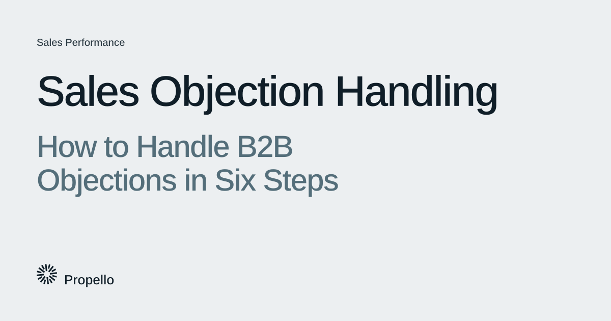 Sales Objection Handling: How to Handle B2B Objections in Six Steps. Dark and slate type on a light grey ground, Propello.