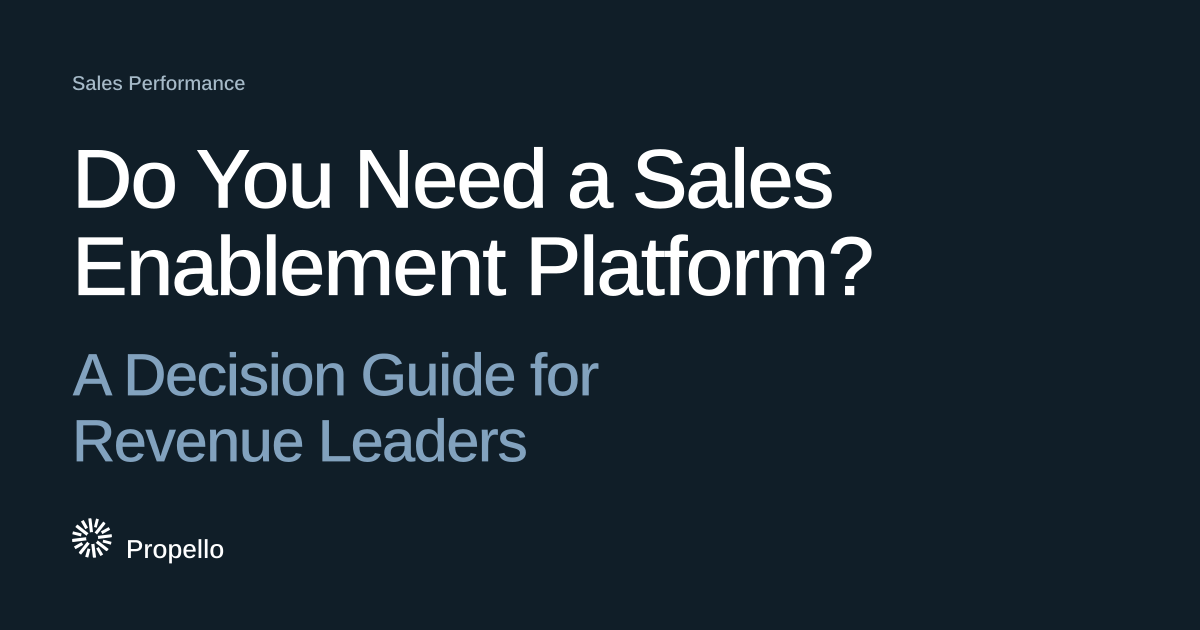 Do You Need a Sales Enablement Platform? A Decision Guide for Revenue Leaders. White and steel-blue type on a deep blue-grey ground, Propello.