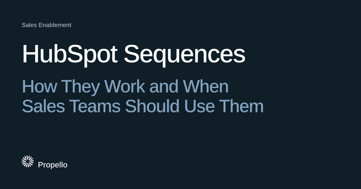 HubSpot Sequences: How They Work and When Sales Teams Should Use Them. White and steel-blue type on a deep blue-grey ground, Propello.