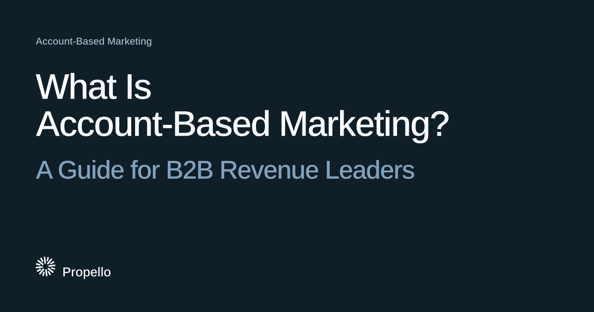 What Is Account-Based Marketing? A Guide for B2B Revenue Leaders. White and blue-grey type on a dark navy ground with a large Propello mark behind it, Propello.