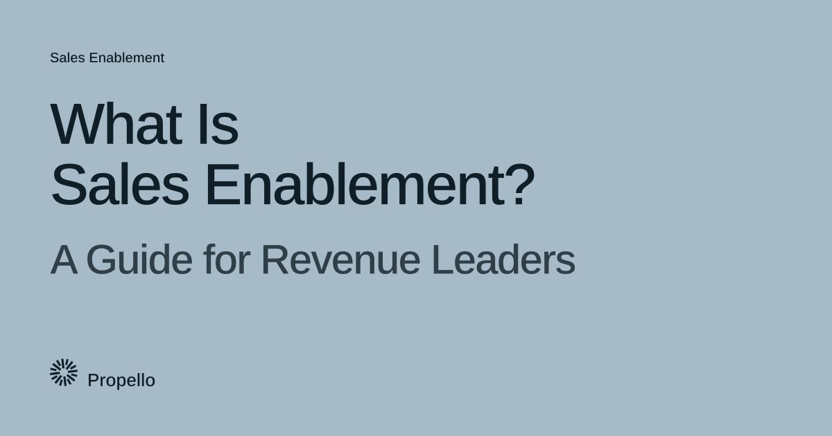 What Is Sales Enablement? A Guide for Revenue Leaders. Dark type on a soft blue-grey ground with a large Propello mark behind it, Propello.