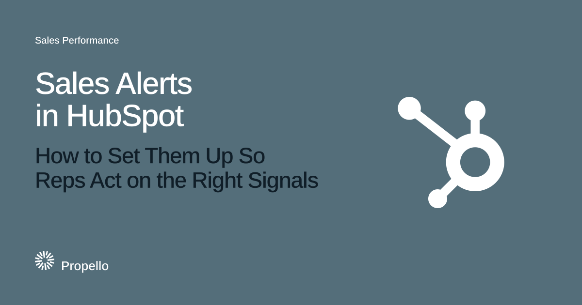 Sales Alerts in HubSpot: How to Set Them Up So Reps Act on the Right Signals. White type on a slate ground beside the HubSpot logo, Propello.