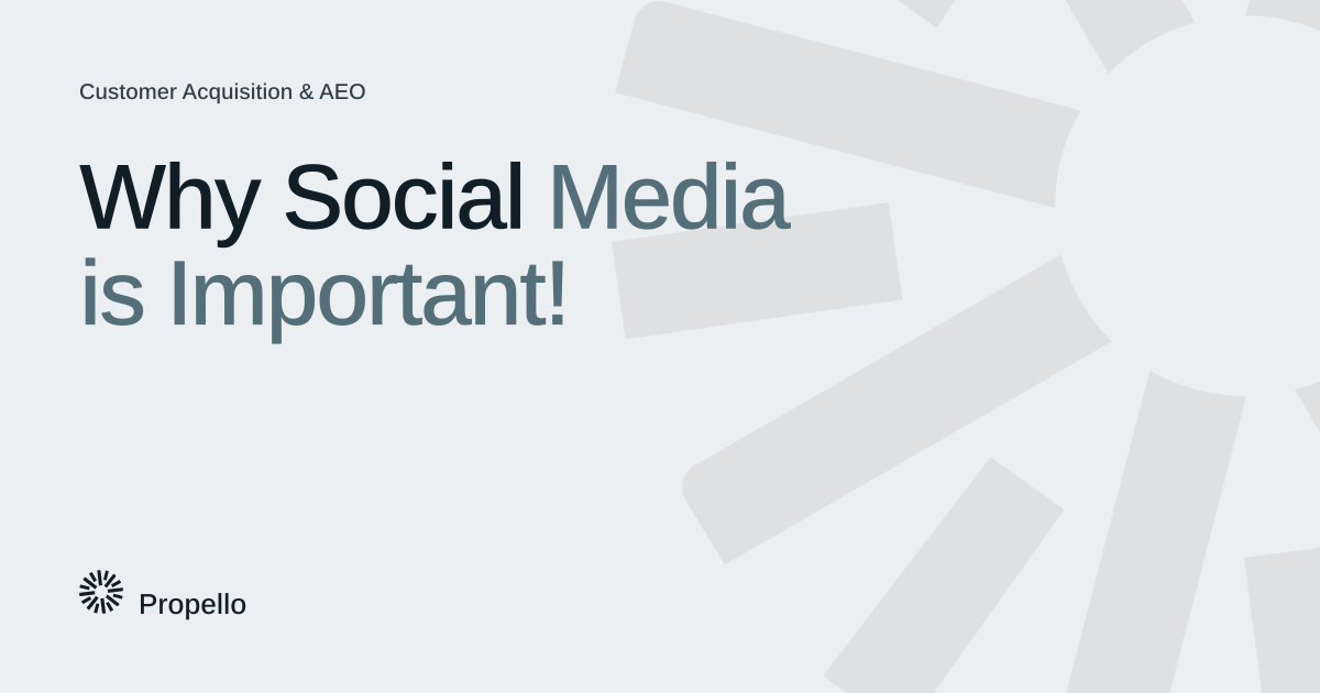 Why Social Media is Important! Dark and slate type on a light grey ground with a large Propello mark behind it, Propello.