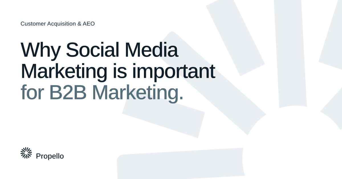 Why Social Media Marketing is important for B2B Marketing. Dark and slate type on a white ground with a large Propello mark behind it, Propello.