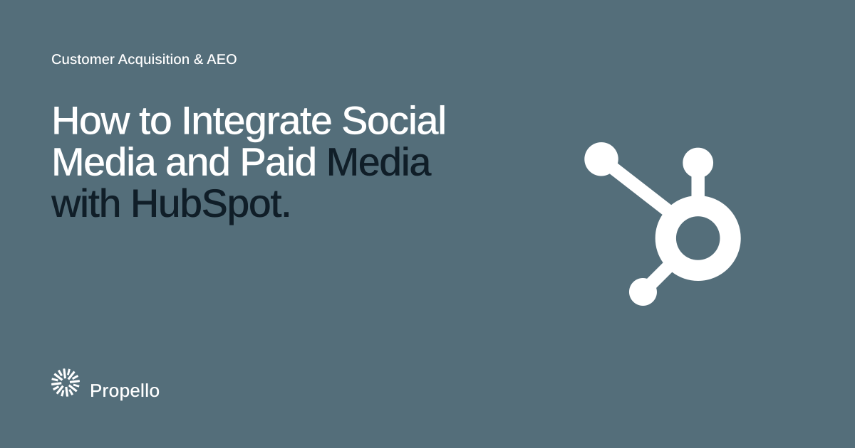 How to Integrate Social Media and Paid Media with HubSpot. White type on a slate ground beside the HubSpot logo, Propello.