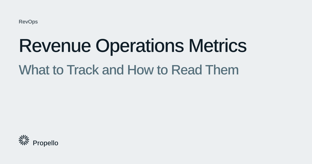 Revenue Operations Metrics: What to Track and How to Read Them. Dark and slate type on a light grey ground, Propello.