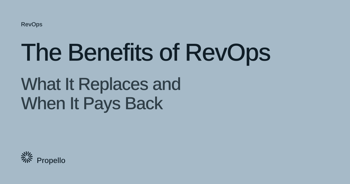 The Benefits of RevOps: What It Replaces and When It Pays Back. Dark type on a pale blue-grey ground, Propello.