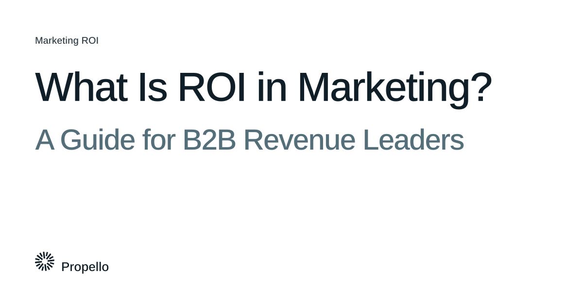 What Is ROI in Marketing? A Guide for B2B Revenue Leaders. Dark and slate type on a white ground with a large Propello mark behind it, Propello.