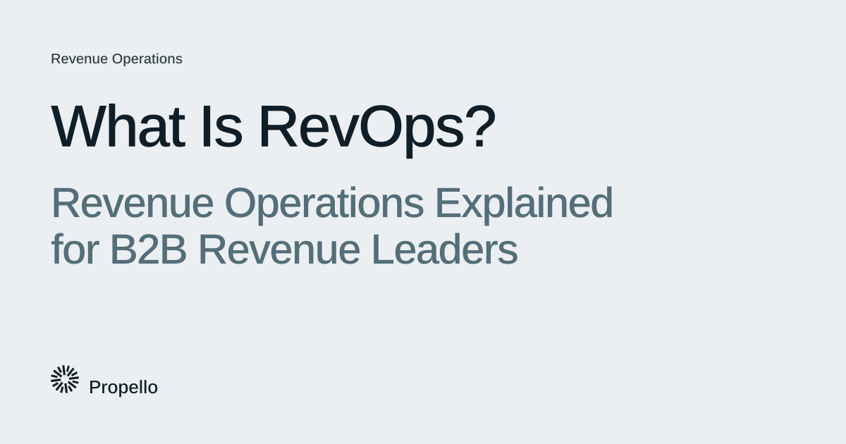 What Is RevOps? Revenue Operations Explained for B2B Revenue Leaders. Dark and slate type on a light grey ground with a large Propello mark behind it, Propello.
