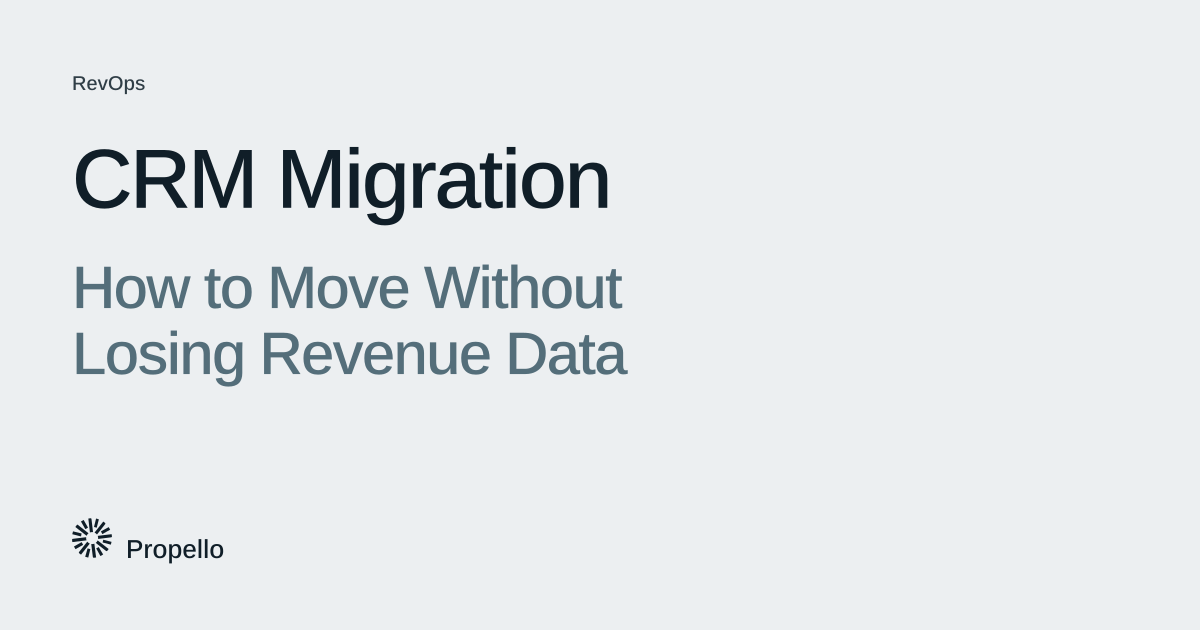 CRM Migration: How to Move Without Losing Revenue Data. Dark and slate type on a light grey ground, Propello.