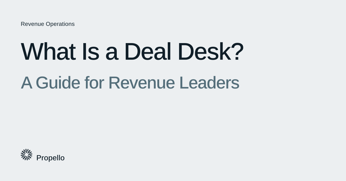 What Is a Deal Desk? A Guide for Revenue Leaders. Dark and slate type on a light grey ground, Propello.