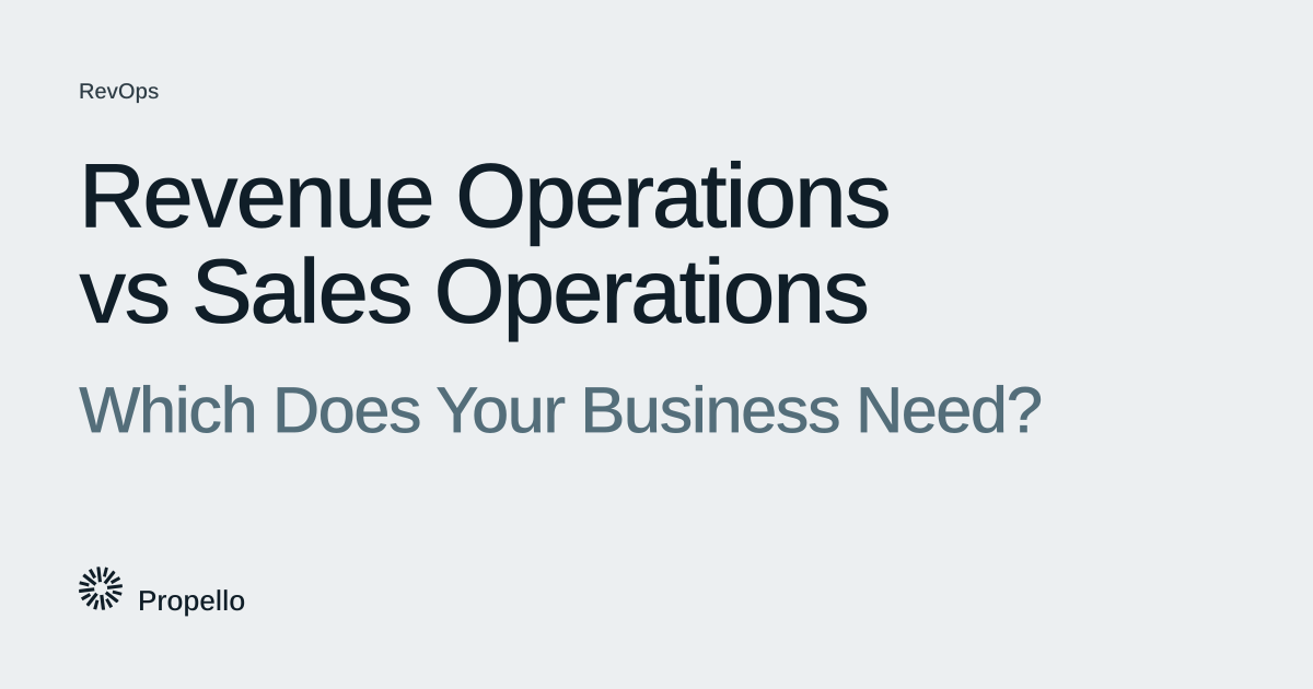 Revenue Operations vs Sales Operations: Which Does Your Business Need? Dark and slate type on a light grey ground, Propello.