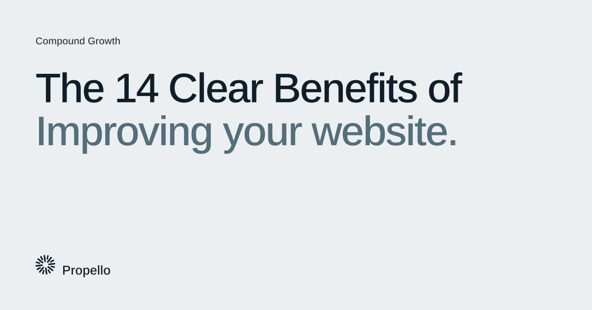 The 14 Clear Benefits of Improving your website. Dark and slate type on a light grey ground, Propello.