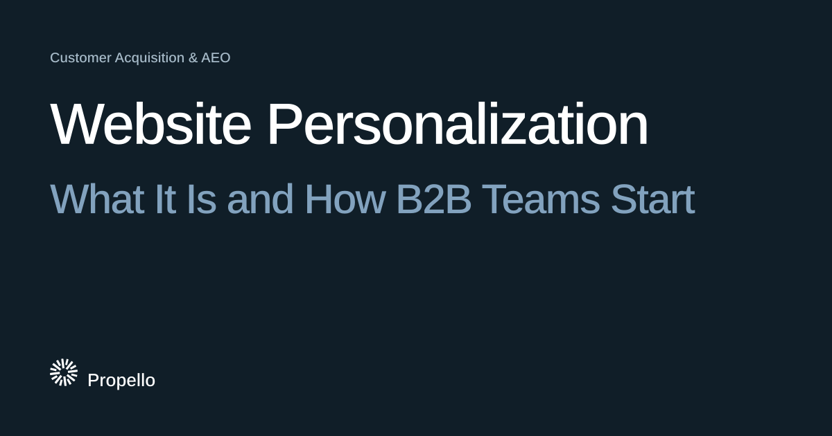 Website Personalization: What It Is and How B2B Teams Start. White and steel-blue type on a deep blue-grey ground, Propello.
