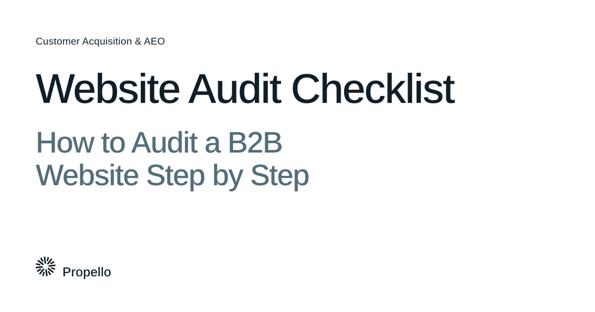 Website Audit Checklist: How to Audit a B2B Website Step by Step. Dark and slate type on a white ground, Propello.