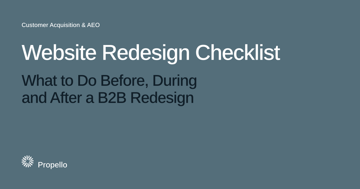 Website Redesign Checklist: What to Do Before, During and After a B2B Redesign. White and dark type on a slate ground, Propello.