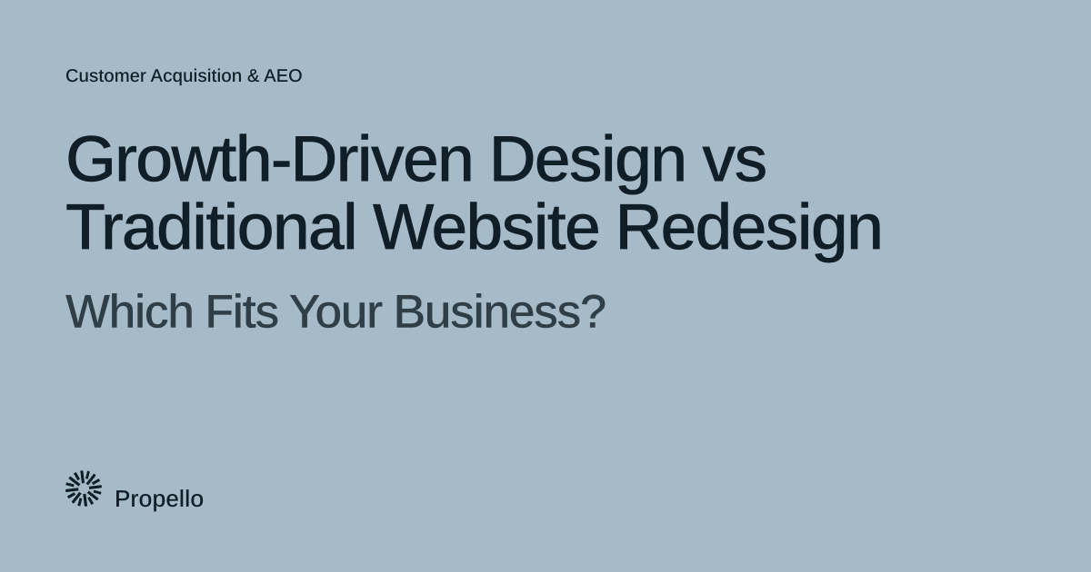 Growth-Driven Design vs Traditional Website Redesign: Which Fits Your Business? Dark type on a pale blue-grey ground, Propello.