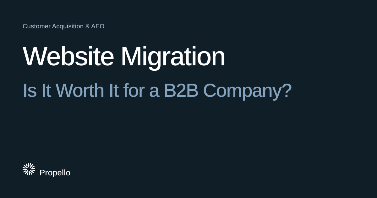 Website Migration: Is It Worth It for a B2B Company? White and steel-blue type on a deep blue-grey ground, Propello.