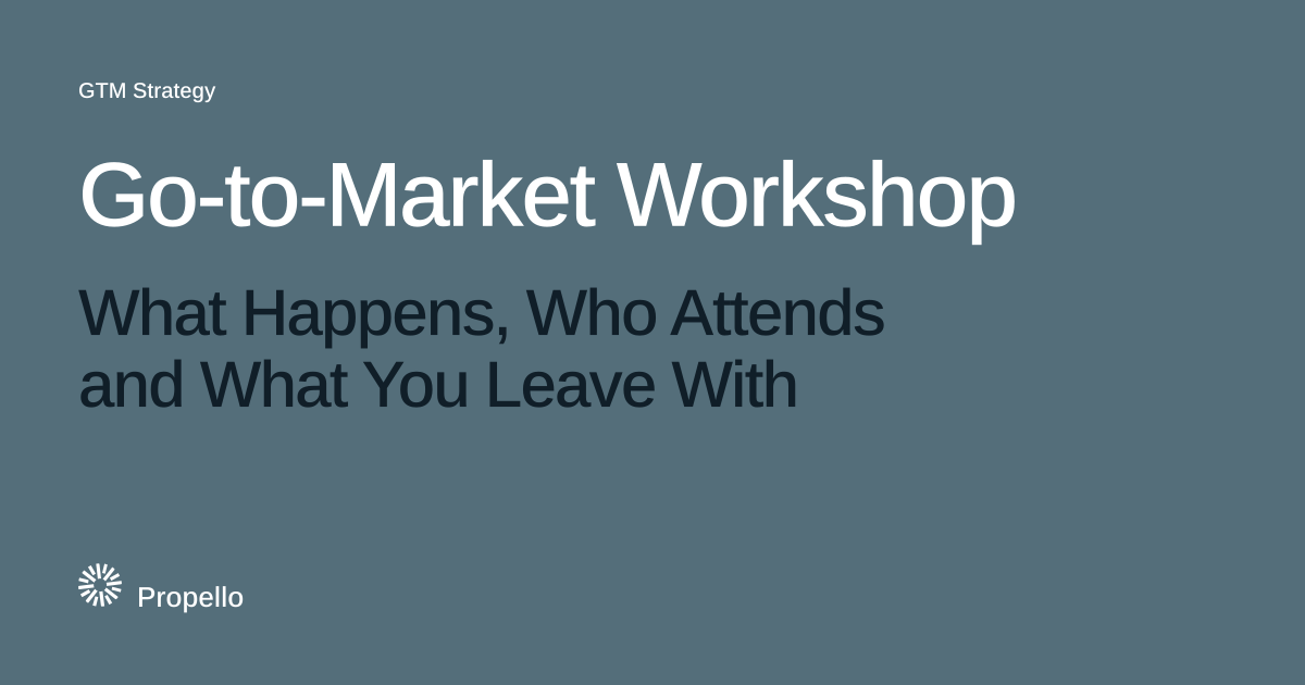 Go-to-Market Workshop: What Happens, Who Attends and What You Leave With. White and dark type on a slate ground, Propello.